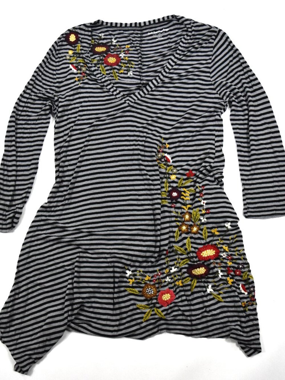 Soft Surroundings Embroidered Floral Striped Dress Lightweight Women's Medium